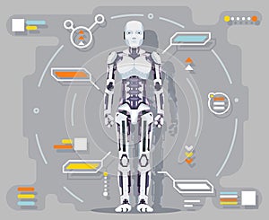 Android artificial intelligence robot futuristic information interface flat design vector illustration