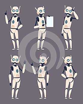 Android characters. Cyborg in different poses standing pointing humanoid spaceman vector futuristic set