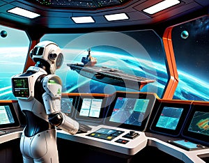 Android commander issuing ship directives from an advanced control bridge
