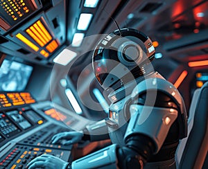 Android commander issuing ship directives from an advanced control bridge