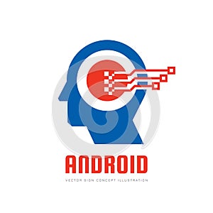 Android digital human head vector logo concept illustration. Creative idea sign. Learning icon. People computer chip. Innovation