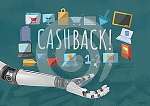 Android hand open and Cashback text with drawings graphics