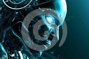 Android head on abstract cybernetic data background