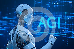 Android head on abstract cybernetic data background with word AGI for Artificial General Intelligence