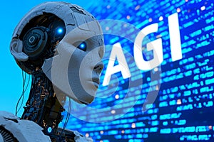 Android head on abstract cybernetic data background with word AGI for Artificial General Intelligence