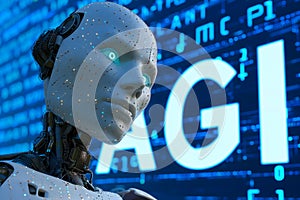 Android head on abstract cybernetic data background with word AGI for Artificial General Intelligence