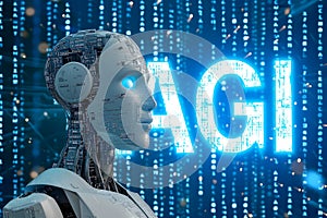 Android head on abstract cybernetic data background with word AGI for Artificial General Intelligence