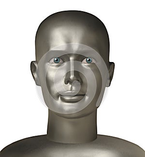 Android head with human eyes against white