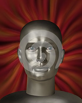 Android head with human eyes in red vortex