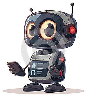 Android with phone. Robot chatting, cartoon chatbot service character, helpful mobile bot isolated, communication