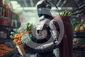 android robot, with basket full of fresh produce and other groceries, browsing market