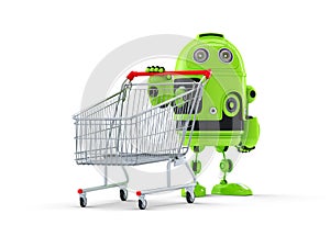 Android robot and cart. E-shop concept