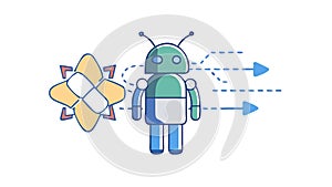 Android robot with data flow, information processing, AI, vector design Generative AI