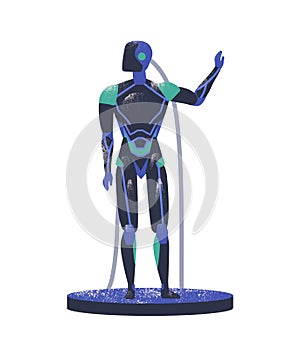 Android robot flat vector illustration. Humanoid cyborg standing with raised hand isolated on white background. Hi tech