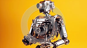 Android robot, futuristic technology, cyborg artificial intelligence concept. Yellow background, isolate. AI generated.