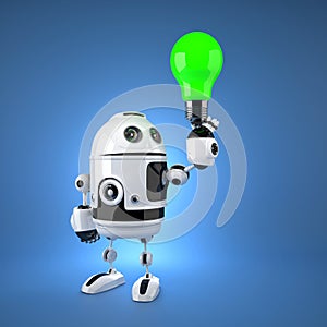 Android robot with green light bulb