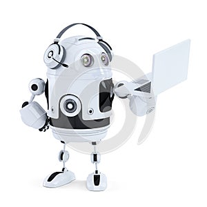 Android robot with headphones and laptop. Isolated. Contains clipping path