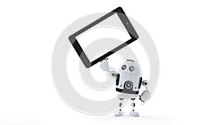 Android robot holding blank screen tablet