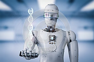 Android robot holding dna helix