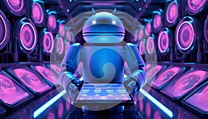 Android robot holds screen showcasing advanced technology and innovation in a futuristic setting, robot working with human in