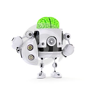 Android Robot with huge green brain. Artificial intellect concept