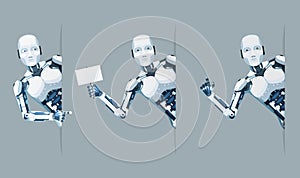 Android robot look out corner poster hand online help technology science fiction future sale 3d design vector