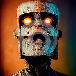 An android robot looking straight at camera.