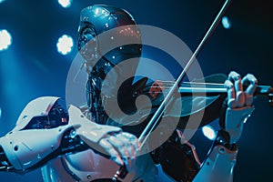 An android robot playing a violin at an orchestral classical music concert