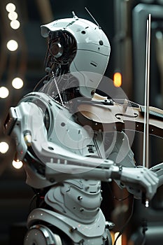 An android robot playing a violin at an orchestral classical music concert