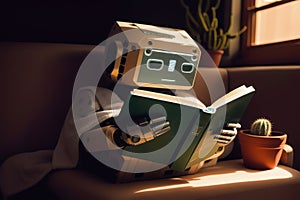 Android robot reads a book, AI generative