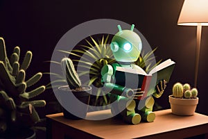 Android robot reads a book, AI generative