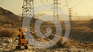 Android Robot Surveying Power Grid in Desert Landscape