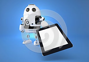 Android robot with touchpad on blue background photo