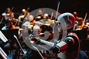 Android robot violinists playing in a violin string section