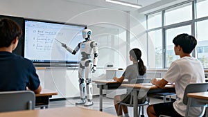 Android Teacher Robot Instructing Students Classroom Education