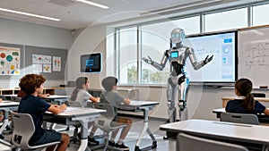 Android Teacher Robot Instructing Students Classroom Education