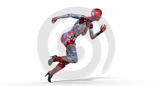 Android woman running, female cyborg in armor isolated on white background, sci-fi girl, 3D render