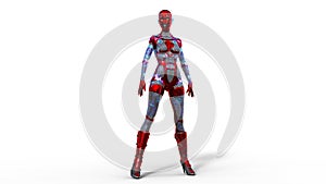 Android woman standing, female cyborg in armor isolated on white background, sci-fi girl, 3D render