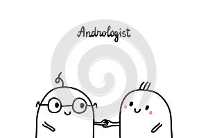Andrologist hand drawn  illustration in cartoon style. Men doctor and patient