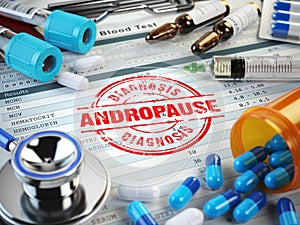 Andropause. Stamp, stethoscope, syringe, blood test