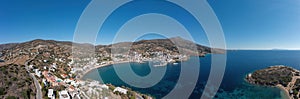 Andros island, of Batsi village, Cyclades Greece. Aerial drone panoramic view of landscape. Banner