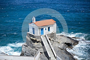 Andros island greece panagia thalassini church wavy sea
