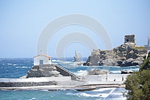 Andros island greece panagia thalassini church wavy sea