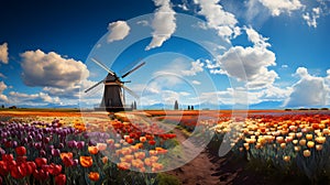 andscape with blooming colorful tulip field traditional dutch windmill and blue cloudy sy
