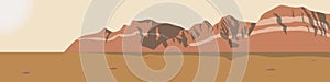 Andscape of mountains in the desert under the sunny sky flat vector illustration. Travel, hiking, outdoors and adventure concept.