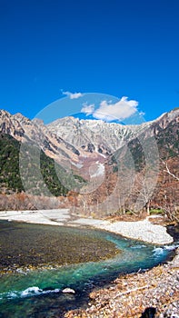 Andscape view of nature Kamikochi National Park in Autumn fall season with leaves change colors and clear water river