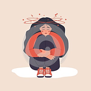 Anemia concept. Sad woman with dizziness sitting on floor. Unhappy girl suffers from vertigo and headache and needs