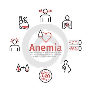 Anemia symptoms banner. Icons set. Medical and healtcare concept. Editable vector illustration in modern style.