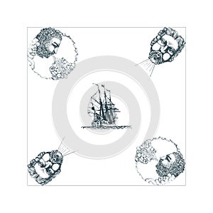 The Anemoi, Gods of winds and old sailing ship hand drawn in engraving style. Vector illustration of mythological theme.
