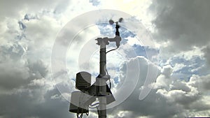 Anemometer at the weather station. Monitoring weather conditions. Strong wind before the storm.
